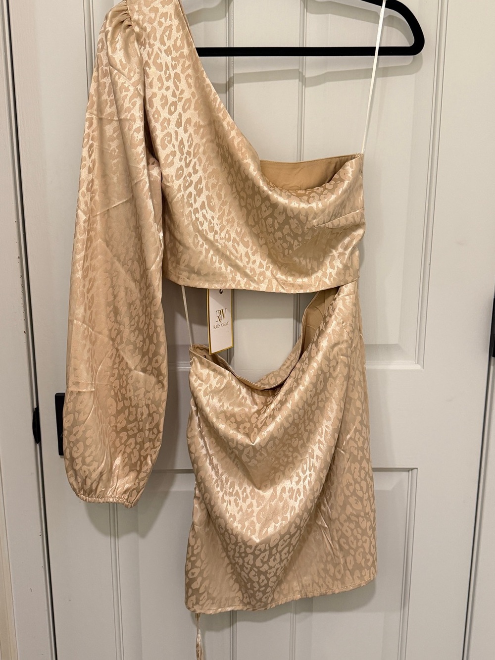 Runaway the label One-Shoulder Satin Cutout Mini Dress - Champagne Leopard XL
